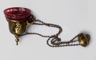 Orosz ortodox templomi olajmécses tartó- Réz, üveg betéttel. d: 8 cm, m: test: 11 cm