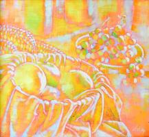 Kovács Árpád (1967-): Zöld almák, 1994. Olaj, farost. Jelezve jobbra lent. Hátoldalán autográf felirattal. 30x33 cm. Dekoratív fakeretben.