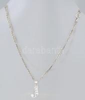 Ezüst (Ag) csavart fonott nyaklánc köves "J" medállal, jelzett, h: 45 cm; 2,2×1 cm, bruttó...
