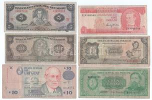 Vegyes 6db-os bankjegy tétel, benne: Paraguay DN(1963) 5G + DN(1982) 100G (Guarani névértékkel a hátoldalon) + Barbados DN(1973) 1$ + Ecuador 1975. 5S + 1988. 10S + Uruguay 1998. 10P T:VG 6pcs mixed lot of banknote lot, including: Paraguay ND(1963) 5 Guaranies + ND(1982) 100 Guaranies (with Guarani value on reverse) + Barbados ND(1973) 1 Dollar + Ecuador 1975. 5 Sucres + 1988. 10 Sucres + Uruguay 1998. 10 Pesos C:VG