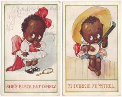 2 pre-1945 art postcards: A Darkie Minstrel, She's black, but comely, black boy and girl. The Infantastic Series No. 13-16.