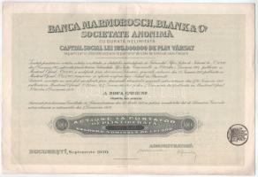 Románia / Bukarest 1920. "Máramarosi Bank Részvénytársaság" részvénye 500L-ről szárazpecséttel, szelvényekkel, bélyegzésekkel T:VF Romania / Bucharest 1920. "Banca Marmorosch, Blank&amp;Co. Societate Anonima" share about 500 Lei with embossed stamp, coupons and overprints C:VF