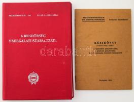 A rendőrség szolgálati szabályzata. (Belső használatra!) Bp., 1977, Belügyminisztérium, 133+(3) p. Kiadói egészvászon-kötés. Sorszámozott. (24772. sz.) + Belügyminisztérium I/II. Csoportfőnökség. Kézikönyv (összefoglalás) az ügyintézői gépkocsivezetés, a gépkocsi igénybevétel, és a forgalmazás fontosabb szabályairól. (Szolgálati használatra!) Bp., 1974, BM, 24 p. Kiadói tűzött papírkötés.