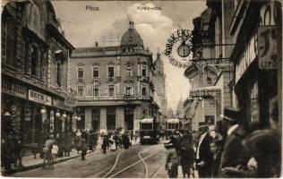 1913 Pécs, Király utca, Beck L., Lehr Izidor üzlete, villamos. Karpf Berta kiadása (EK)