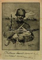 1944 Húsvéti üdvözlet. Kiadja a M. Kir. Honvéd Haditudósító Osztály Parancsnoksága. Tábori Postai Levelezőlap, tábori posta száma: 787. / WWII Hungarian military field postcard, Easter greeting, soldier with rabbit s: Markó Lajos (EB)