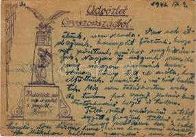 1942 Üdvözlet Oroszországból! Egyedi, kézzel rajzolt tábori Postai Levelezőlap, tábori posta száma: 257/16. / WWII Hungarian hand-drawn military field postcard s: Mádai (b)