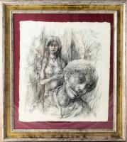 Károlyi András (1938-2023): Nincs kéz, nincs láb..., csak szenvedés. Tus, toll, merített papír, jelzett. Üvegezett, dekoratív, fakeretben. 39,5x36 cm