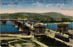 1928 Budapest, Margit híd, villamos. Lusztig Mór kiadása (kopott sarkak / worn corners)