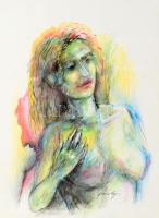 Károlyi András (1938-2023): Női akt. Tus, toll, akvarell, színes ceruza, papír, jelzett. Üvegezett, sérült fakeretben. 40x28,5 cm