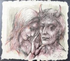 Károlyi András (1938-2023): A hölgy és az ördög. Vegyes technika, merített papír, jelzett. Üvegezett, kissé kopott fakeretben. 26x31 cm