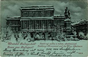 1900 Budapest V. Magyar Tudományos Akadémia, Széchenyi szobor télen este holdfényben. Schmidt Edgar kiadása (EB)