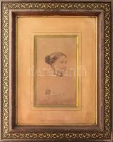 Olvashatatlan jelzéssel, XIX. sz. második fele/vége: Lány portré. Tus, papír. Üvegezett, antik, kiss...