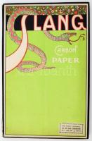 cca 1930-1940 Slang Carbon Paper doboz, dekoratív, kígyót ábrázoló színes illusztrációval, belső részén Schuler József R.T. "Turán", "Jókai" és más tollak reklámjával, üres, kisebb sérüléssel, 34x22x1 cm