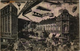 1910 Miskolc a jövőben, Léghajó, zongora és automobil gyár, gyógyszertár, járművek, villamos, motor. Montázs, Grünwald Ignác 972. (r)