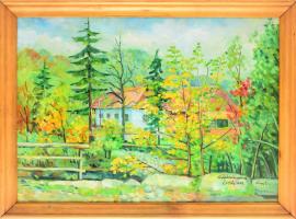 Nagy J jelzéssel, feltehetően erdélyi magyar festő: Nyárádmagyaros, 1995. Olaj, vászon. Fakeretben. ...