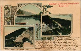 1905 Diósgyőr (Miskolc), Hámor, tó részlet, új út az alagúttal, út a tóhoz. Lővy József fia kiadása. Art Nouveau, floral (vágott / cut)