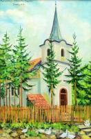 Nagy J jelzéssel, feltehetően erdélyi magyar festő: Nyárádselyei református templom, 1995. Olaj, vászon. Apró sérüléssel (benyomódással). Fakeretben. 55x38 cm