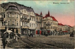 1914 Miskolc, Széchenyi utca, Havas Arthur és Társai gabona üzlete, Hungária biztosító, Király áruház, Dévényi testvérek, Stern és Handelsmann, Zeichner Adolf, Löwinger Mihály üzlete, Miskolci Általános Takarékpénztár, villamospálya (gyűrődés / crease)