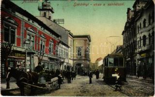 1911 Miskolc, Széchenyi utca, Nemzeti Színház, villamos, Liebling üzlete, képeslapfüzetből (kopott sarkak / worn corners)