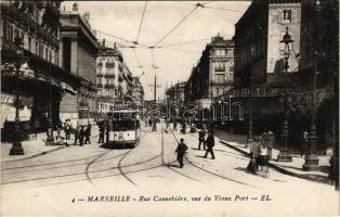 Marseille, Rue Cannebiere, vue du Vieux Port / street view, tram, shops, café