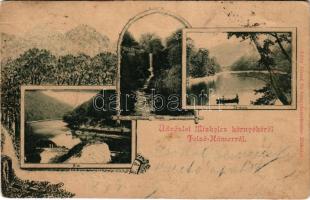 1899 (Vorläufer) Miskolc, Felsőhámor, Tó részlet, út a tóhoz, új út az alagúttal. Lővy József fia kiadása. Art Nouveau, floral (vágott / cut)