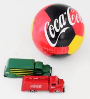 3 darab Coca Cola reklámtárgy, focilabda alakú fém doboz és 2 darab makett autó, d: 12 cm