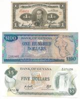 Bolívia 1928. 1B "G1 030851" + Guyana DN(1989-1992) 5$ + 100$ T:XF-F, folt Bolivia 1928. 1 Boliviano "G1 030851" + Guyana ND(1989-1992) 5 Dollars + 100 Dollars C:XF-F, spot Krause P#22, P#28, P#119a