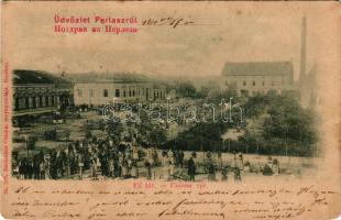 1900 Perlasz, Perlez; Fő tér, gőzmalom, piac. Rechnitzer Ottokár fénynyomdája kiadása / main square, steam mill, market (kis szakadás / small tear)