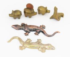 6 darab bronz és fém állatfigura, malac, gyík, fóka, h: 10 cm alatt