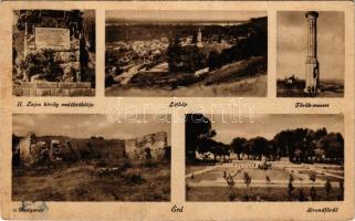 Érd, II. Lajos király emléktáblája, látkép, Török mecset, Kutyavár, strandfürdő (gyűrődések / creases)