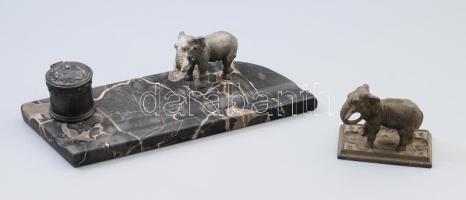 Elefánt figurával díszített kalamáris, eredeti üveg betéttel, hozzá elefánt figurás levélnehezék, teljes h: 32 cm