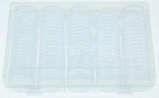 Új állapotú érmetartó kapszula tétel 100db ~30mm-es kapszula, műanyag tároló dobozban