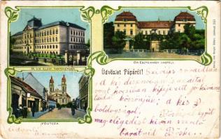 1905 Pápa, M. kir. állami tanítóképezde, Gróf Esterházy kastély, Fő utca, üzletek. Gregor Fischer kiadása. Art Nouveau, floral (EB)
