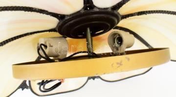 Mennyezeti lámpa, anyagában színezett üveglapok réz foglalatban, jó állapotban, d: 50 cm /// KIZÁRÓL...