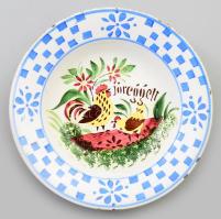 Antik kakasmintás falitál, jelzett, kopással, d: 21 cm