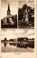 1943 Veresegyház, Római katolikus templom, Hősök szobra, tópart, strand. Fekete fényképész kiadása (fl)