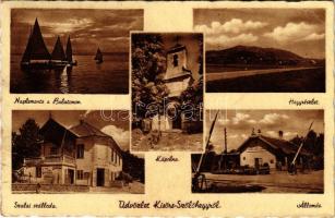 Badacsonyörs (Badacsonytomaj), Kisörs-Szőlőhegy (Kisörsszőlőhegy) vasútállomás, Naplemente a Balatonon, Hegy részlet, Szalai szálloda, kápolna (fa)