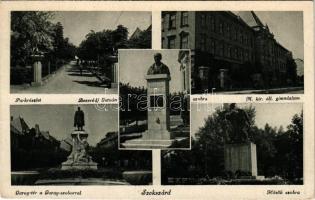 Szekszárd, park részlet, Bezerédj István szobra, M. kir. állami gimnázium, Garay tér és szobor, Hősök szobra, emlékmű. Lugosi Béla kiadása (EK)