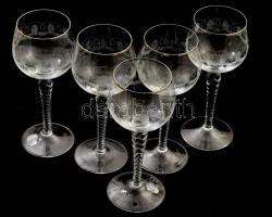 cca 1900 Osztrák kristály likőrös pohár szett, 5 darab, ezüstözött peremmel, hibátlan, m: 16 cm