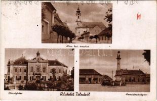 Tolna, Községháza, Római katolikus templom, Szentháromság tér, automobil. Imre István kiadása (fa)