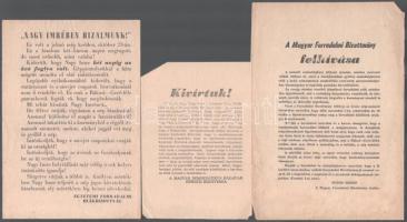 1956 3 db forradalmi röplap: ,,Nagy Imrében bizalmunk!", ,,Kivívtuk, hogy Nagy Imre a kormány élére, Kádár János a párt élére kerüljön [...]", A Magyar Forradalmi Bizottmány felhívása. Változó méretben és állapotban.