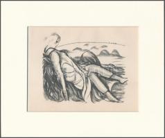 Boris Grigoriev (1886-1939): Hölgy a tájban, litográfia, papír, paszpartuban, jelzett a litográfián, 11×13 cm