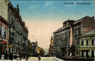 Chernivtsi, Czernowitz, Cernauti, Csernyivci (Bukovina, Bucovina, Bukowina); Rathausstrasse. Verlag Moritz Gottlieb / city hall street, shops (EK)