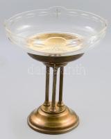 Szecessziós oszlopos talpas kínáló, alpakka, eredeti csiszolt réz szerelékével, kis pattogzással, laza elemmel, d: 26 cm, m: 29 cm