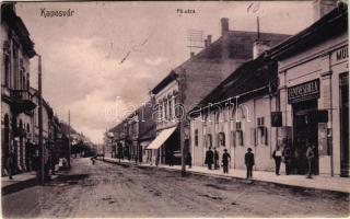1905 Kaposvár, Fő utca, Fenyvesi Béla üzlete és saját kiadása + "BÁTTASZÉK - ZÁKÁNY 44. SZ." vasúti mozgóposta bélyegző (gyűrődés / crease)