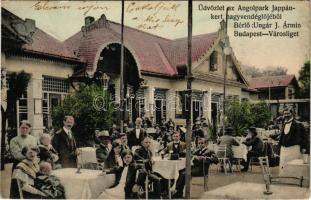 1916 Budapest XIV. Városliget, Ungár J. Ármin Angolpark Japánkert nagyvendéglője, kerthelyiség, terasz pincérekkel és vendégekkel (EK)
