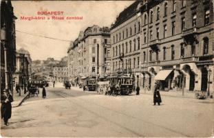 1913 Budapest II. Margit körút a Rózsadombbal, Szeiffert kávéház, villamosok, csendőr, Wohlmuth A. üzlete, drogéria (gyógyszertár). Kiadja Ádám Herman (fl)