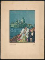 1934 Cosulich Line Mn. "Saturnia" olaszországi hajóút menükártyája, olasz és angol nyelven, a címlapon Velencét ábrázoló színes illusztrációval, kissé viseltes, kihajtva: 25x38 cm