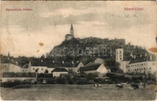 1906 Németújvár, Güssing; látkép, vár. Mayer Móra és Fia kiadása / general view, castle + "GRAZ - BUDAPEST 53. B" vasúti mozgóposta bélyegző (fl)