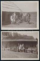 cca 1910 Vadásztársaság egy faháznál, 2 db fotó, jelzés nélkül, 9x12 cm